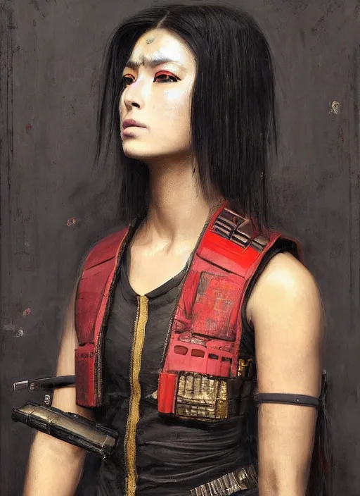 Image similar to Ada. beautiful cyberpunk Samurai woman wearing a military vest and military jumpsuit (cyberpunk 2077, bladerunner 2049). gorgeous african face. Iranian orientalist portrait by john william waterhouse and Edwin Longsden Long and Theodore Ralli and Nasreddine Dinet, oil on canvas. Cinematic, hyper realism, realistic proportions, dramatic lighting, high detail 4k