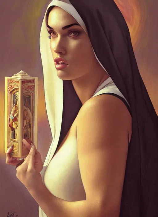 Image similar to portrait of a very obese megan fox as an obese sultry nun, catholic, church, bible, christianism, praying, intrigante, headshot, highly detailed, digital painting, artstation, concept art, sharp focus, cinematic lighting, illustration, art by artgerm and greg rutkowski, alphonse mucha, cgsociety