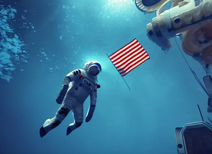 Image similar to astronaut underwater putting a flag on the bottom of the ocean. in the background, a submarine is visible. digital art, blender, photorealistic, octane render, 8 k, volumetric lighting, trending on artstation