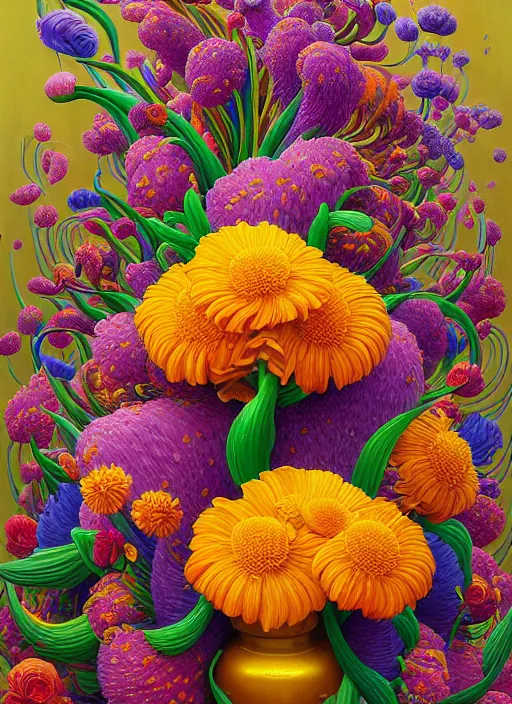 Image similar to hyper detailed illustration like a Oil painting - a vivid exotic flower bouquet, long petals, huge blossoms, by Jacek Yerka, Mariusz Lewandowski, Houdini algorithmic generative render, long brush strokes, Masterpiece, Edward Hopper and James Gilleard, Zdzislaw Beksinski, Mark Ryden, Wolfgang Lettl, hints of Yayoi Kasuma, octane render, 8k