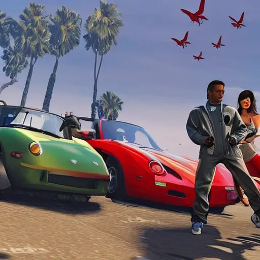 Image similar to A GTA 5 game loading screen featuring A Pterodactyl, La Llorona, a redhead Waifu, CHAPPIE in an Adidas track suit, and a TVR Sagaris