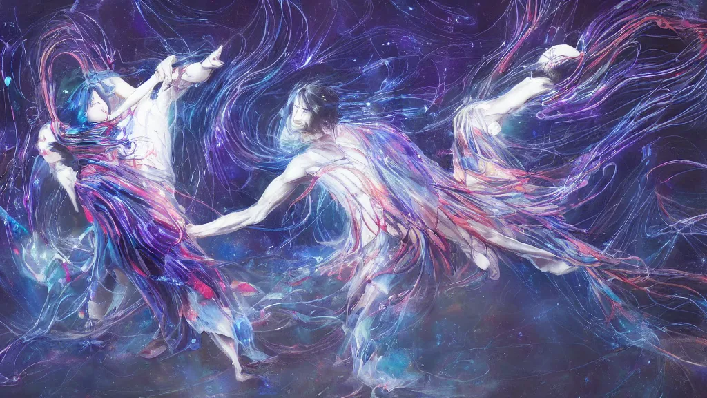 Prompt: a detailed painting of two people dancing togheter inspired by yoshitaka amano enveloped in trails of colorful animal ghosts floating around them. clean painting, realistic and auora lighting. dark blue and intense purple color palette, art by kuvshinov ilya, 8 k