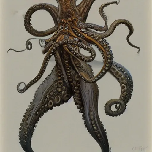 Image similar to torso portrait of an humanoid octopus warrior, by Gerald Brom on Artstation