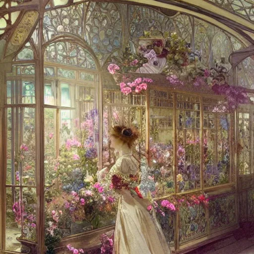 Image similar to a beautifull intricate watercolour painting of a victorian confectionery room with many flowers and, reflexions, verry high details by william turner art, greg rutkowski and alphonse mucha, trending on artstation, very very detailed, masterpiece,