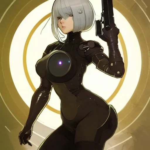 Image similar to a digital concept art by artgerm and greg rutkowski and alphonse mucha. clear portrait of 2 b nier automata in a skintight suit holding a gun!! hyper detailed, character concept, full body!! dynamic pose, glowing lights!! intricate, elegant, highly detailed, digital painting, artstation, concept art, smooth, sharp focus, illustration