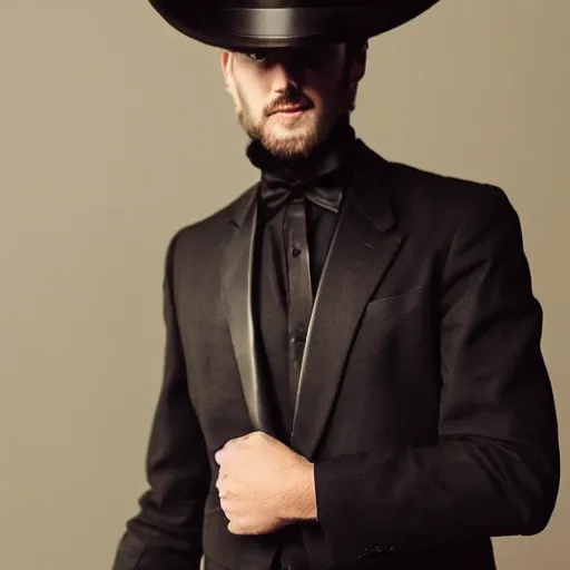 Prompt: a gentleman wearing a black leather hat, cinematic style