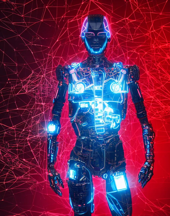 Image similar to full body portrait photo of japanese model cyborg with digital led skin, neon lighting, techno neon projector background, portrait photo, intricate details, ultra realistic, unreal engine 5, depth of field, bokeh, octane render, 8 k hd