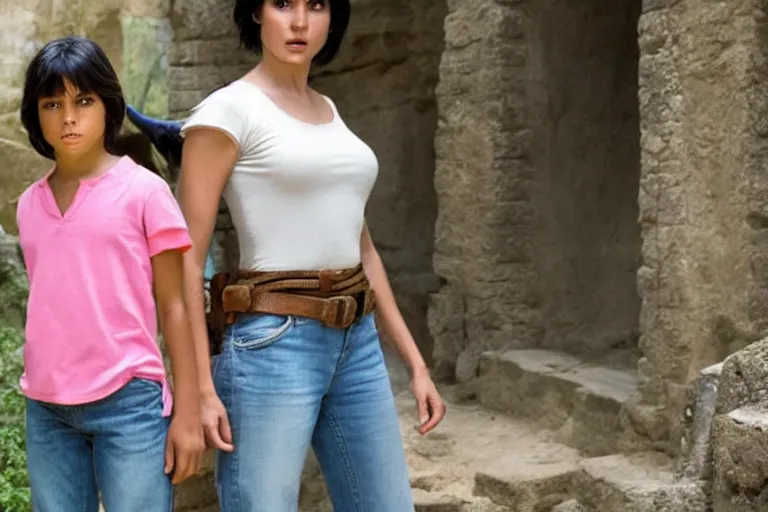 Prompt: Isabela Merced as Dora the Explorer wearing a pink shirt vs Angelina Jolie as Lara Croft wearing a white shirt standing in an ancient temple, high resolution movie still, film by Simon West