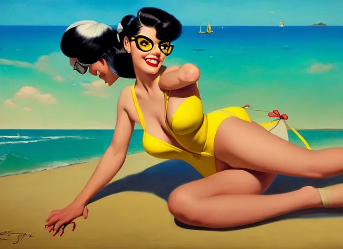 Image similar to the style of the artist gil elvgren, a girl with black hair, overwatch tracer, with a very beautiful symmetrical face, a smile on her face, tanned skin, in a yellow bikini, against the background of a sea beach, in art style, high detail, digital painting, hyperrealism
