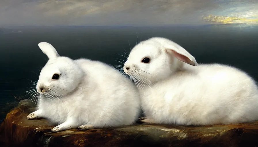 Image similar to highly detailed painting of cute furry white baby seal rabbits cuddling into each other on a blue and white iceberg by william turner, by greg rutkowski, by william constable, thick brush strokes and visible paint layers, 4 k resolution