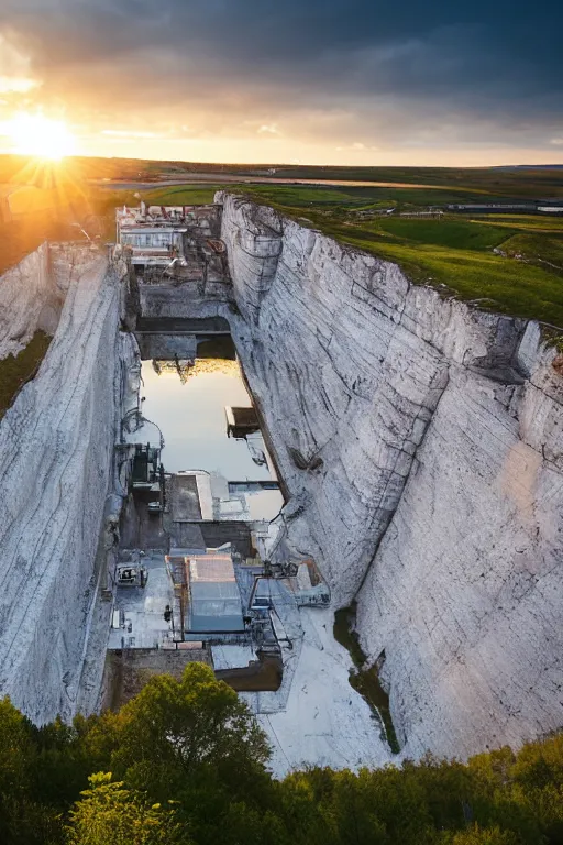 Prompt: a waterfilled limestone quarry, beautiful golden hour light, cinematic, oland in sweden, south of sweden