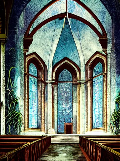 Image similar to interior of an abandoned, overgrown church, blue color palette, photo, digital art, detailed, intricate complexity, artstation