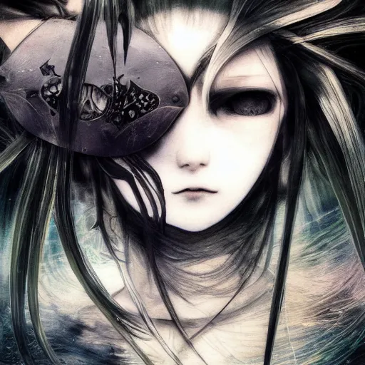 Image similar to Yoshitaka Amano blurred and dreamy illustration of an anime girl with a pirate eye patch, wavy white hair and cracks on her face wearing elden ring armour with the cape fluttering in the wind, abstract black and white patterns on the background, noisy film grain effect, highly detailed, Renaissance oil painting, weird portrait angle