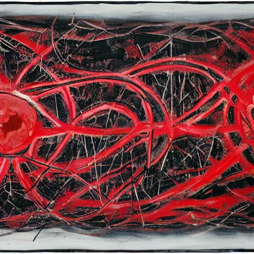 Image similar to a black and red crimson biomechanical talisman of eternal knowledge, aurora borealis, eclipse by maggi mcdonald, jackson pollock, mark rothko, sabina klein