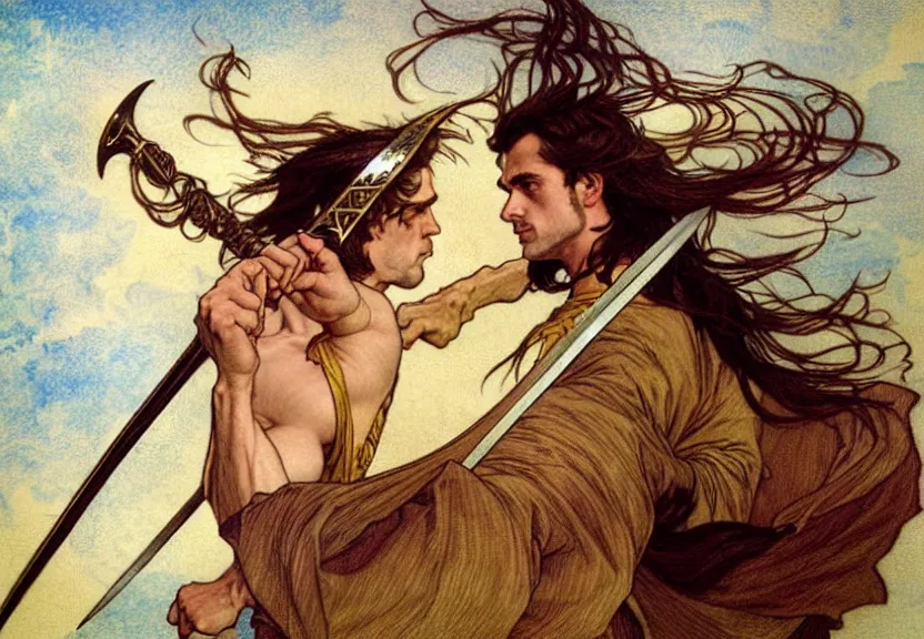 Prompt: one golden swordsman wielding two swords leans back as he dances elegantly in the wind, his robes and long hair flowing in the breeze, fantasy, Mucha, MTG, Game of Thrones, salsa dancing, Rossetti, Millais, anatomically correct