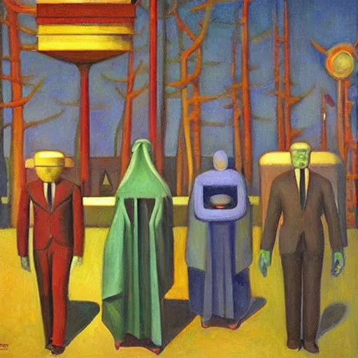 Image similar to robot druids in a grand processional, grant wood, pj crook, edward hopper, oil on canvas