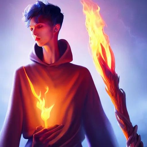 Prompt: Troye Sivan wearing a wizards tunic holding a glowing fire magical staff. Trending on Artstation, octane render, ultra detailed, art by Ross tran