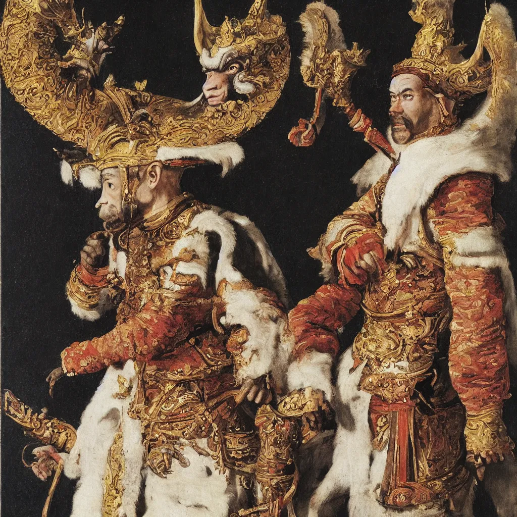 Prompt: portrait of a monkey king of spain, artwork by velazquez, wearing a donkey ears