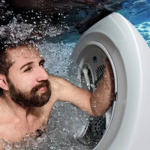 Prompt: tiny bearded Canadian snorkeling inside washing machine, photo, detailed, 4k