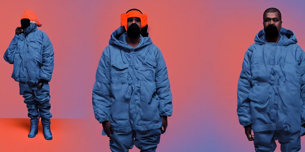 Image similar to kanye west wearing a cloth face covering mask, a small reflective blue puffer jacket made of nylon, jeans pants made and big black rubber boots in 3 d, blender, octane render, 3 d render, realistic, unreal engine, studio light, 4 k, 8 k