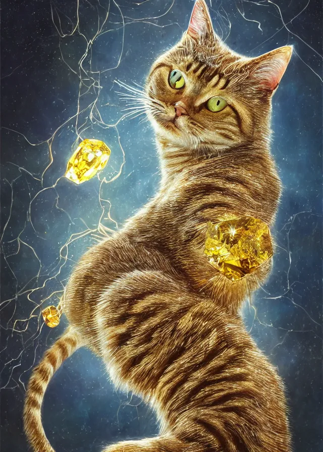 Prompt: best book cover design, glowing silver and golden elements, full close-up portrait of realistic cat with topaz, book cover, citrine gem forest, blue diamond moon, establishing shot, extremely high detail, photo-realistic, cinematic lighting, by Yoshitaka Amano, Ruan Jia, Kentaro Miura, Artgerm, post processed, concept art, artstation, matte painting, style by eddie mendoza, raphael lacoste, alex ross