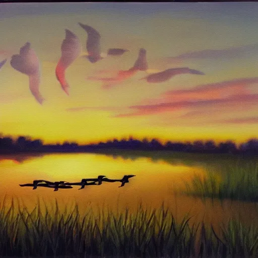 Prompt: oil painting of geese flying in a v formation over a pond at sunset