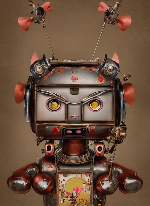 Image similar to closeup portrait of tin toy robot kitty trap, depth of field, zeiss lens, detailed, symmetrical, centered, fashion photoshoot, by nicoletta ceccoli, mark ryden, lostfish, breathtaking, 8 k resolution, extremely detailed, beautiful, establishing shot, artistic, hyperrealistic, octane render