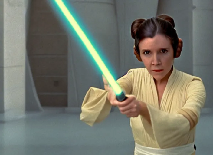 Image similar to screenshot portrait solo shot of Princess Leia training to use a yellow lightsaber at a new Jedi Temple scene from The Force Awakens, 1970s film by Stanley Kubrick, serene, iconic scene, stunning cinematography, hyper detailed, sharp, anamorphic lenses, kodak color film, 4k