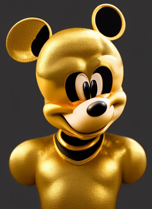 Image similar to stylized gold onyx ornate statue full body made of marble of disney character mickey mouse, perfect symmetrical body, perfect symmetrical face, hyper realistic, hyper detailed, by johannen voss, by michelangelo, octane render, blender, 8 k, displayed in pure white studio room