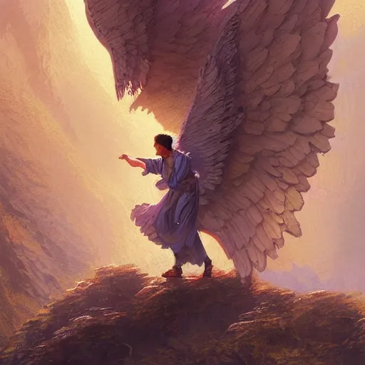 Image similar to angel protecting man falling from a cliff, detailed intricate ink illustration, happy atmosphere, detailed illustration, hd, 4k, digital art, overdetailed art, by greg rutkowski, by loish, complementing colors, Trending on artstation, movie poster style