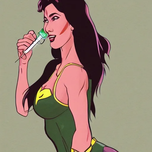 Prompt: high-detail illustration of beautiful female superhero in a v-neck bodysuit and is drinking soda through a krazy straw, by Kael Ngu, ArtStation