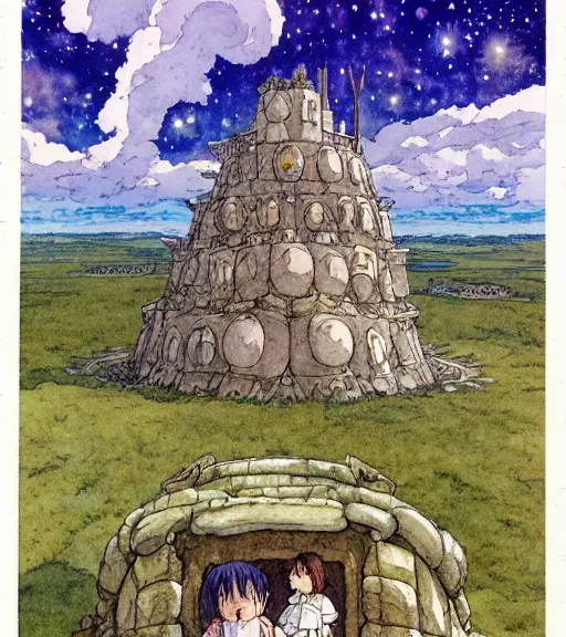 Image similar to hyperrealist studio ghibli watercolor fantasy concept art of an immense earthship solar home from howl's moving castle sitting on stonehenge like a stool. it is a misty starry night. by rebecca guay, michael kaluta, charles vess