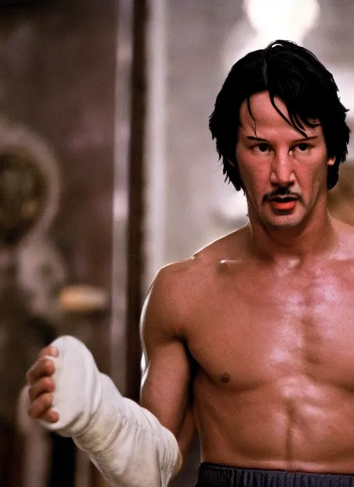 Image similar to film still of Keanu Reeves as Rocky Balboa in Rocky, 4k
