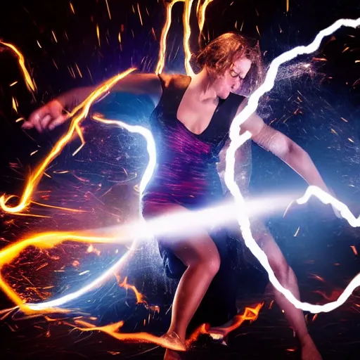 Prompt: action photography of a man and a woman fight in a magic duel. the man uses a black magic spell causing intense flames. the woman used a spell of white magic causing an avalanche of many bursts of light. several mirrors surround them and reflect their fight. atmosphere of intense pressure.