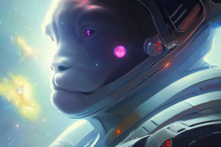 Image similar to portrait of a futuristic bulldog in a spacesuit, a nebula supernova in space, portrait, intricate, digital painting, artstation, concept art, smooth, sharp focus, illustration, cinematic lighting, art by artgerm and greg rutkowski and alphonse mucha