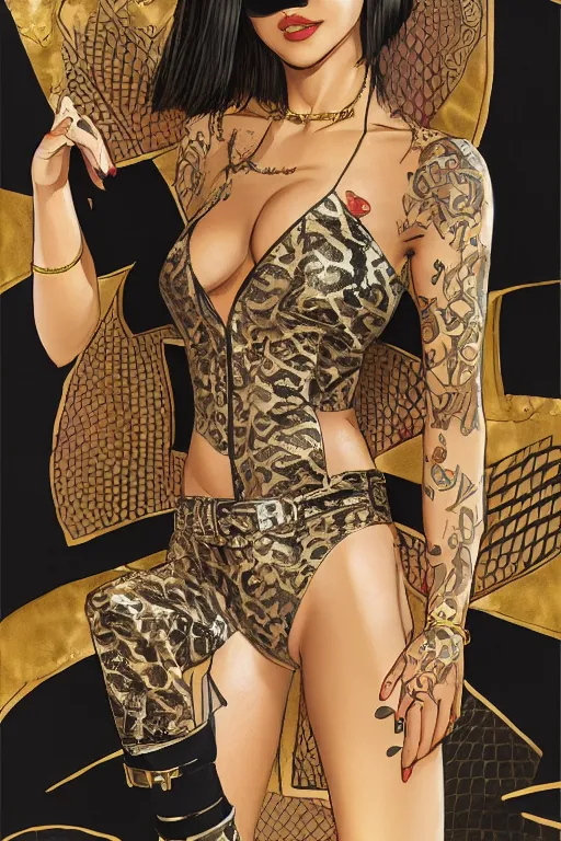 Image similar to yakuza slim girl, gold suit jacket in snake print, jacket over bare torso, yakuza tattoo on body, black short curtain haircut, black leather pants with black belt, portrait, elegant, 2d, ultra highly detailed, digital painting, smooth, sharp focus, artstation, art by Ilya Kuvshinov, rossdraws