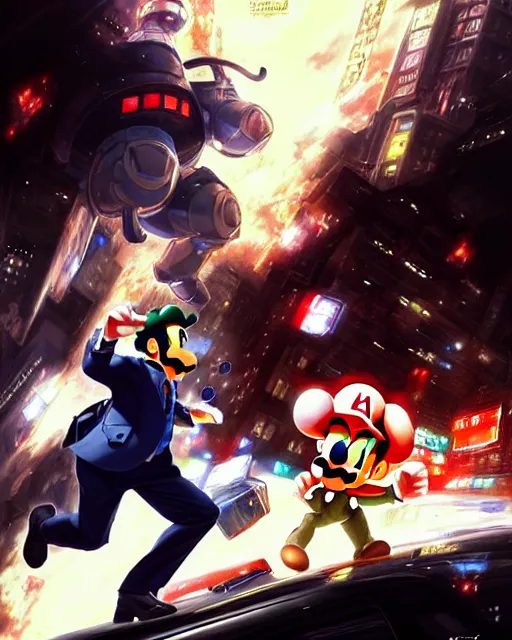 Image similar to gigachad luigi charging ultimate attack by yusuke murata wearing a suit in the city fighting a scifi mech, fantasy character portrait, ultra realistic, anime key visual, concept art, intricate details, highly detailed by greg rutkowski, ilya kuvshinov, gaston bussiere, craig mullins, simon bisley