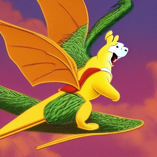 Image similar to Winnie the Pooh riding a flying parakeet dragon, the wings are made of pizza, budgie bird, high resolution photo
