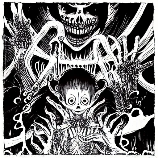 Image similar to dmt hallucinations, horror, darkness, junji ito