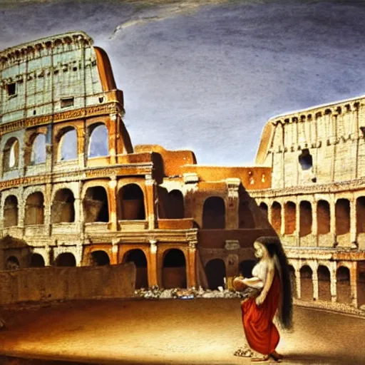 Prompt: a woman making lemonade in front of the colosseum, watercolor painting by da vinci, high detail, abstract