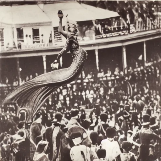 Image similar to mermaid on a circus, crowd shocked, 3 5 mm, 1 9 2 0, photograph