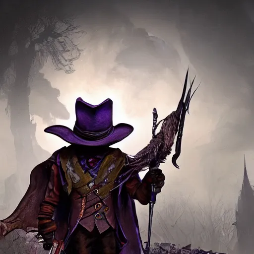 Image similar to a detailed 3 d render of darkwing duck dressed as the hunter from bloodborne, bloodborne, digital art, dark fantasy, concept art, soulslike, by alphonse mucha, blood moon eclipse, wherewolves in a ruined building in the background, artstation, 8 k, unreal engine render