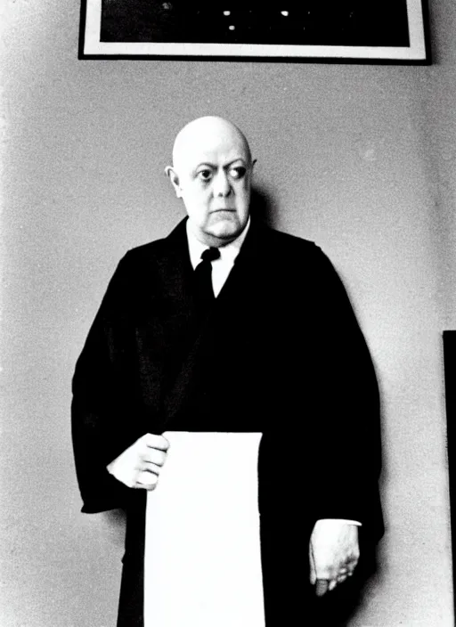 Prompt: black and white cctv footage of aleister crowley