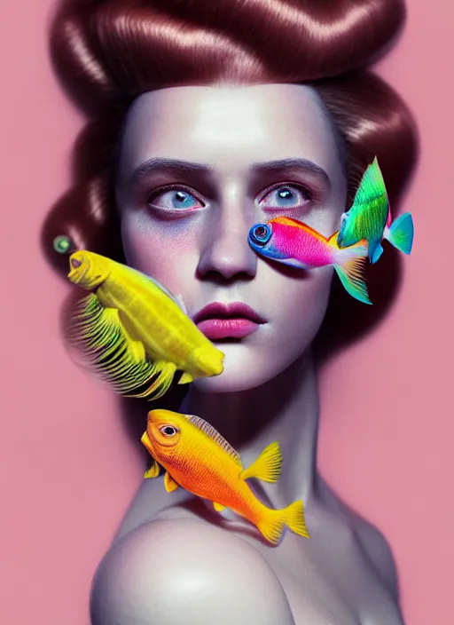 Prompt: Kodak Portra 400, 8K, soft light, volumetric lighting, highly detailed, fine art portrait photography in style of Flora Borsi, britt marling style 3/4 face morphing with pastel colors tropical fishes, metamorphosis complex 3d render , 150 mm lens, art nouveau fashion embroidered, intricate details, elegant, hyper realistic, ultra detailed, octane render, etheric, outworldly colours, emotionally evoking, head in focus, fantasy, ornamental, intricate, elegant, 8K, soft light, volumetric lighting, highly detailed, Refined, Highly Detailed, soft lighting colors scheme, fine art photography, Hyper realistic, photo realistic