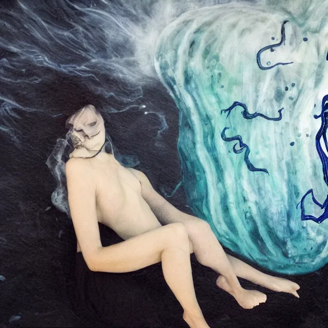 Image similar to a female art student falling asleep, misty, iceberg, black paint, dark, sensual, dreamy, waves, swirls, blue drips, squashed berries, octopus, neo - impressionist, surrealism