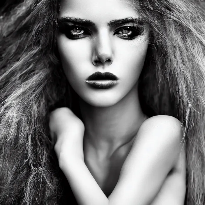 Prompt: young beautiful woman, gorgeous face, black and white photography, high fashion, full - body, 8 k, unreal engine 5, ultra sharp focus, art by victoria siemer, kirsty mitchell, laura zalenga