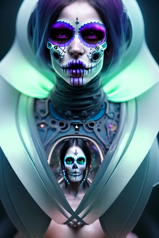 Prompt: ultra detailed, ethereal closeup photo of female android, gothic, flowerpunk, fantasy, octane render, unreal engine, dia de los muertos, photorealistic concept art, triadic color, art by artgerm and wlop and giger and greg rutkowski and alphonse mucha, 8 k