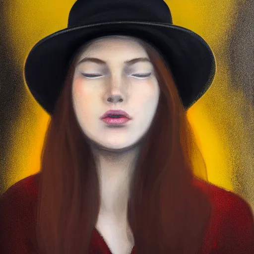 Image similar to a girl wearing a red fedora hat singing in a studio, sitting on a stool, extremely detailed digital painting, in the style of alyssa monks, andrey lekarski and istvan sandorfi, predominant colors are black and yellow, rim light, beautiful lighting, 8 k, raytracing, octane, trending on artstation