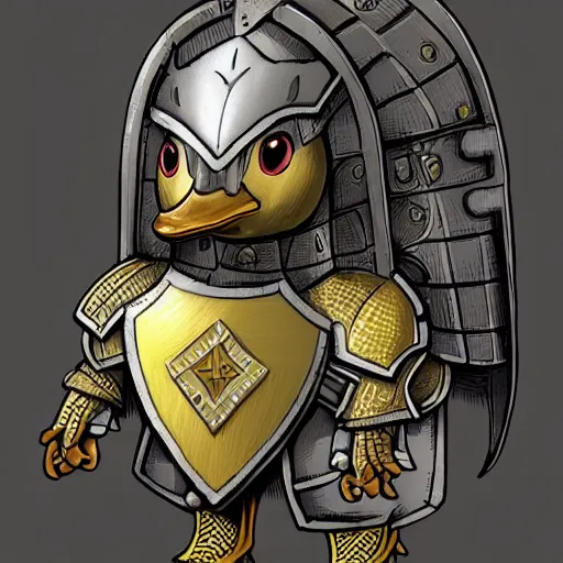 Image similar to armored duck, duck wearing medieval plate armor, illustration, detailed, trending on artstation, fantasy art