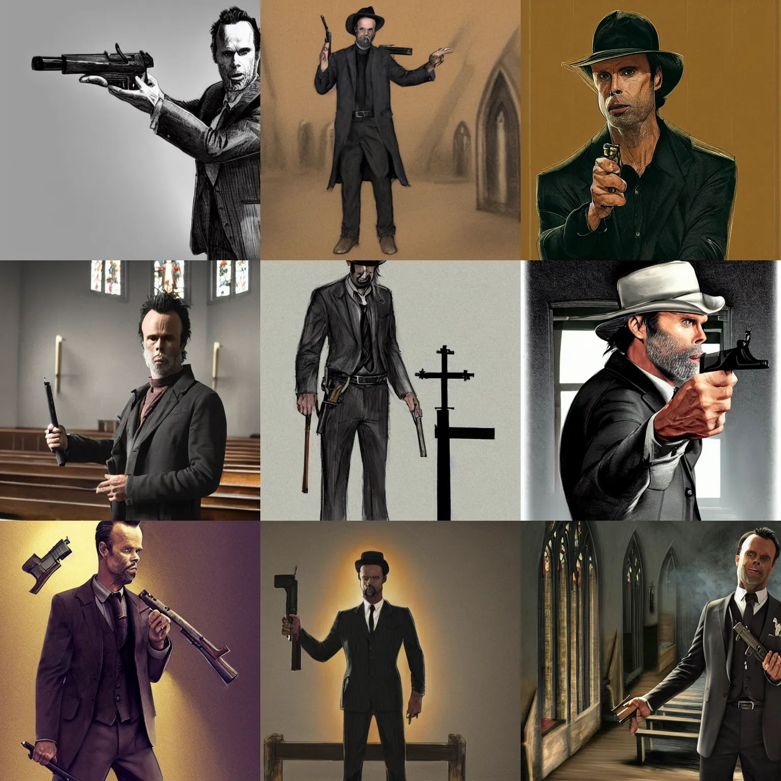 Prompt: walton goggins as a preacher, smoking and holding a gun, standing inside of a church, concept art